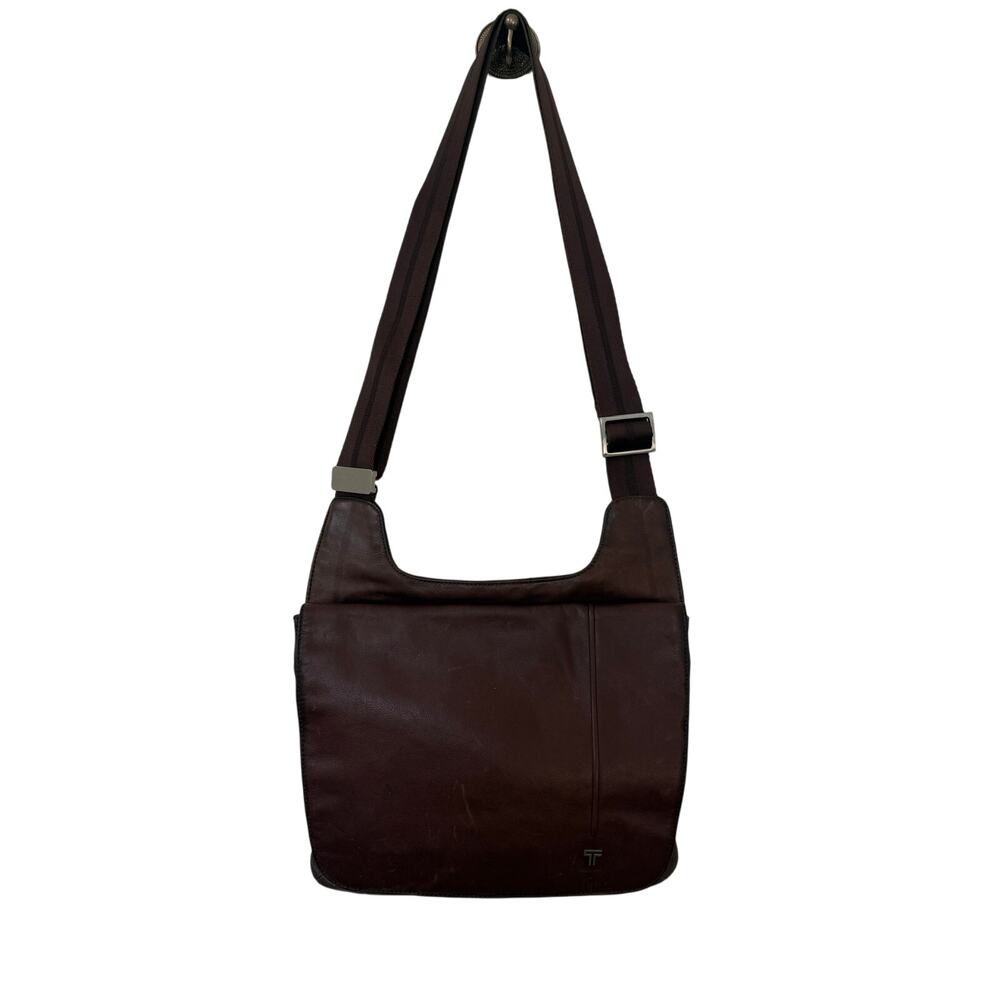 TUMI Leather Messenger Crossbody Bag Brown Adjustable Strap‎ Travel Work